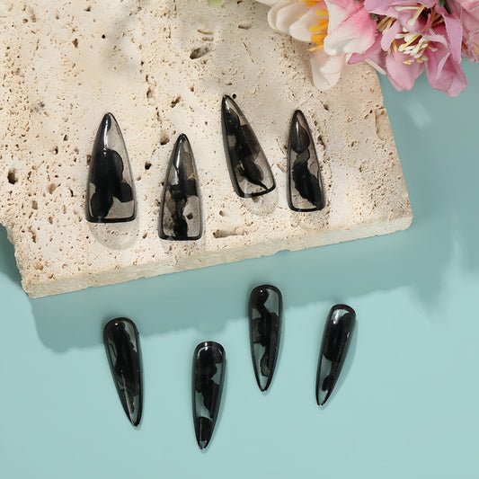 Mystic Charm Extra Long Stiletto Press On Nails Black and Transparent Ombre with Unique Marble Design