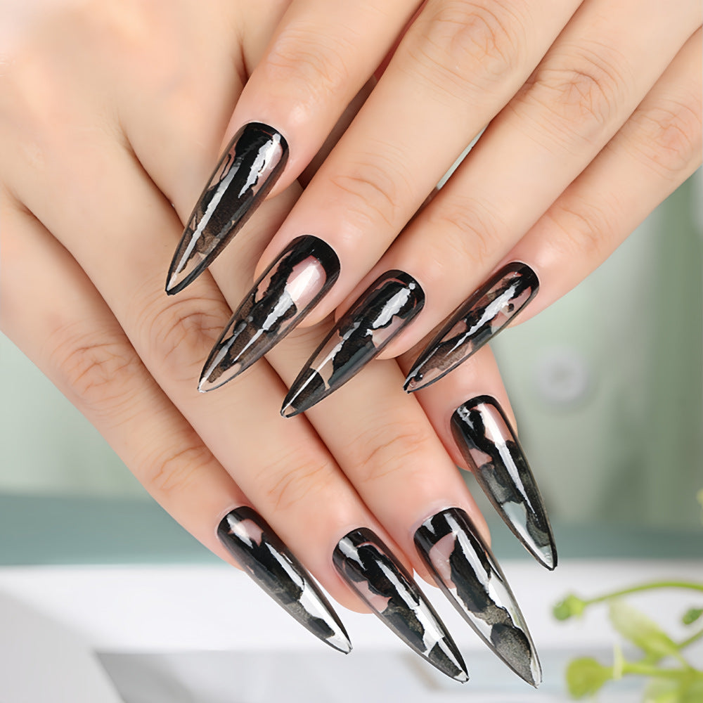 Gothic Elegance Long Stiletto Black and Clear Press On Nail Set with Unique Mirror Finish