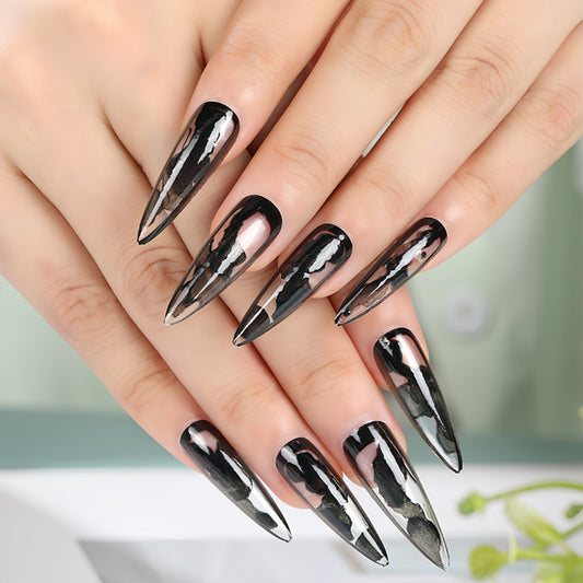Gothic Elegance Long Stiletto Black and Clear Press On Nail Set with Unique Mirror Finish
