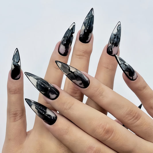 Mystical Midnight Stiletto Press On Long Nails in Black and Grey Marble Design for a Glamorous Look