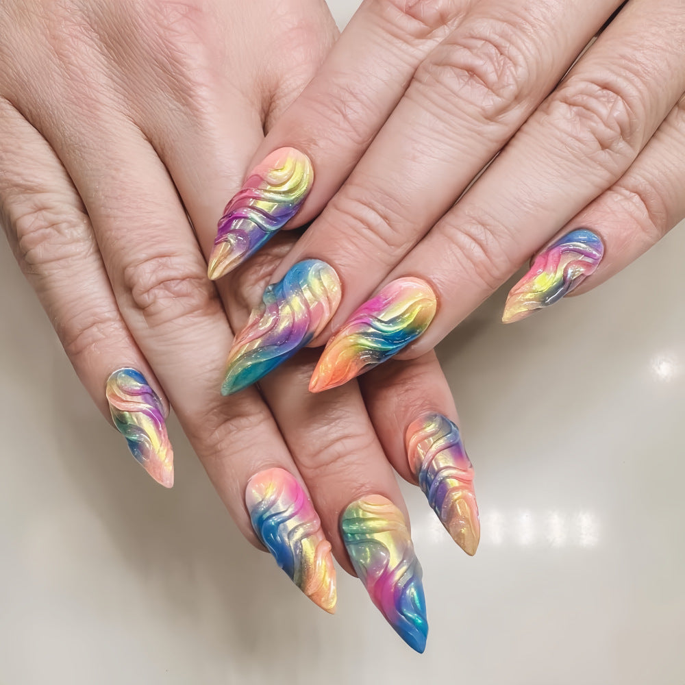 Enchanting Rainbow Whirl Stiletto Long Press-On Nails with Colorful Swirl Design