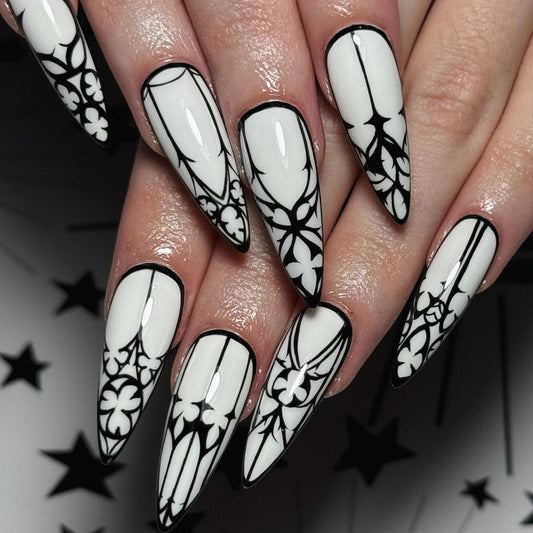 Gothic Elegance Long Stiletto Press On Nail Set Black and White with Intricate Floral Design