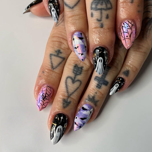Spooky Halloween Almond Press On Long Nail Set Long Colorful Designs with Ghosts and Spiderwebs