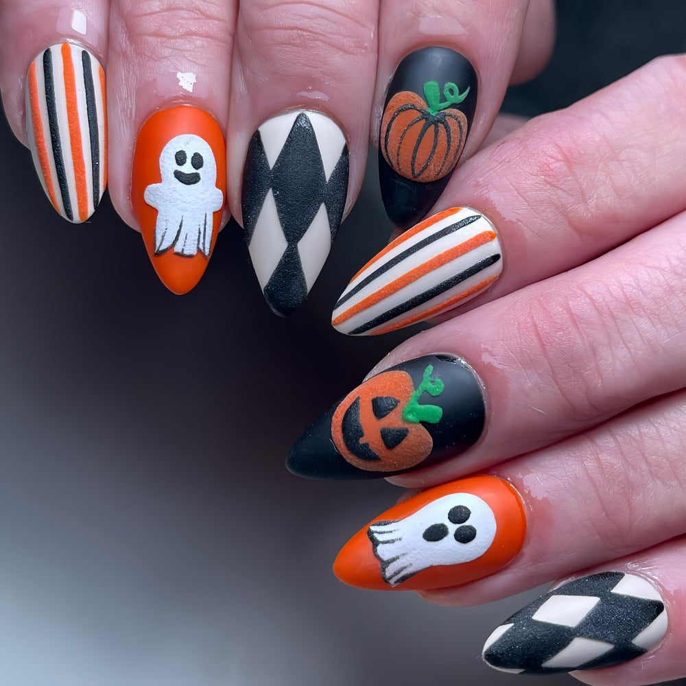 Spooky Chic Long Almond Shape Black and Orange Press On Nails with Halloween Ghost and Pumpkin Accents
