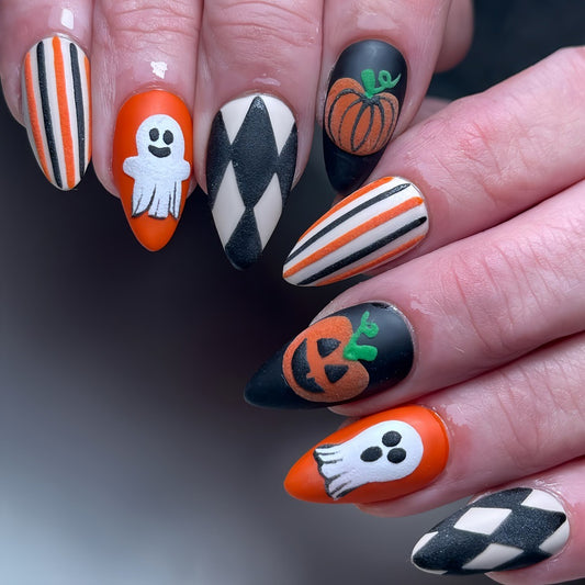 Spooky Chic Long Almond Shape Black and Orange Press On Nails with Halloween Ghost and Pumpkin Accents