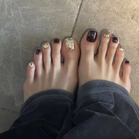 Glamorous Short Square Emerald Green and Sparkling Glitter Press On Toenail Set