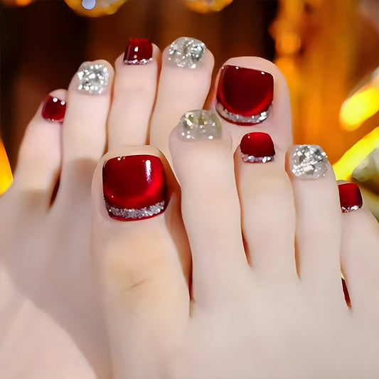 Glamorous Night Out Short Square Red and Silver Shimmer Press On Toenail Set