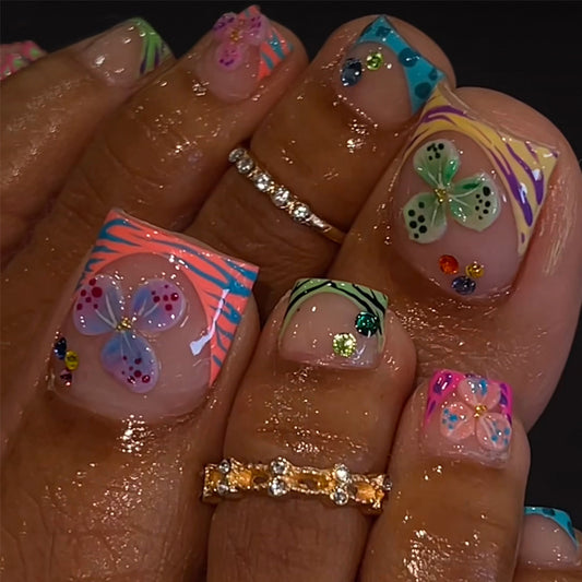 Whimsical Floral Fantasy Short Square Colorful Butterfly Design Press-On Toenail Set