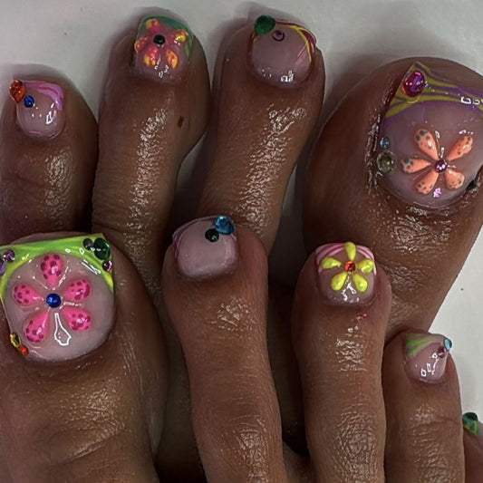 Rainbow Garden Short Square Colorful Floral Press on Toenail Set
