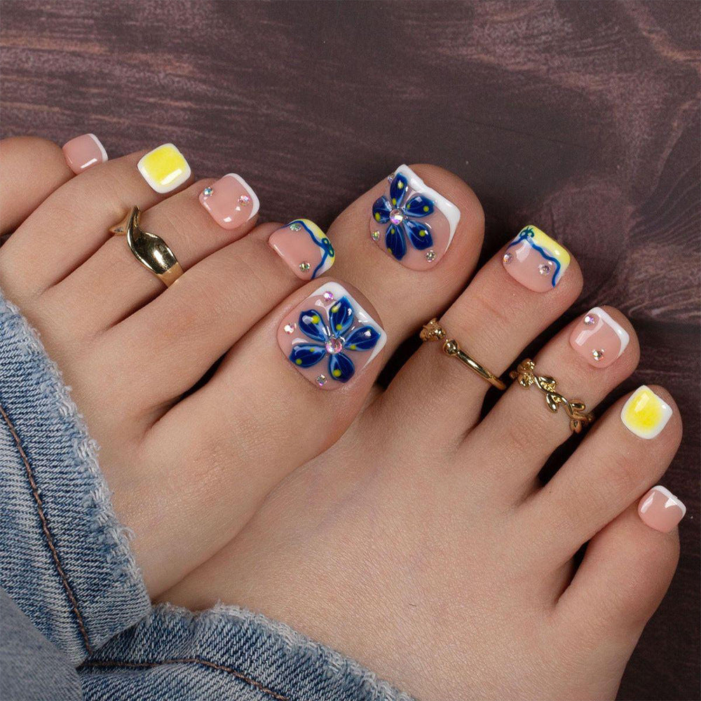 Vibrant Floral Short Square Pink and Blue Press on Toenail Set with Glimmering Accents