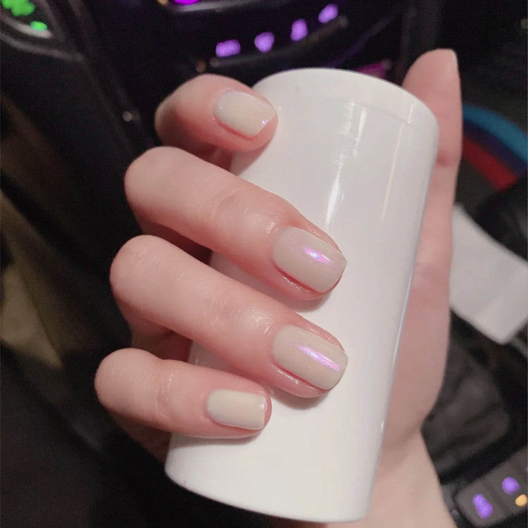 Urban Elegance Short Oval Beige Press On Nail Set with Iridescent Sheen Finish