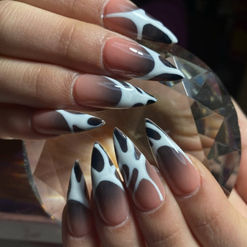 Modern Chic Long Stiletto Style Black and White Flame Ombre Press on Nail Set