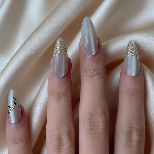 Glamorous Elegance Long Stiletto Shaped Shimmering Silver Press On Nail Set with Metallic Accents