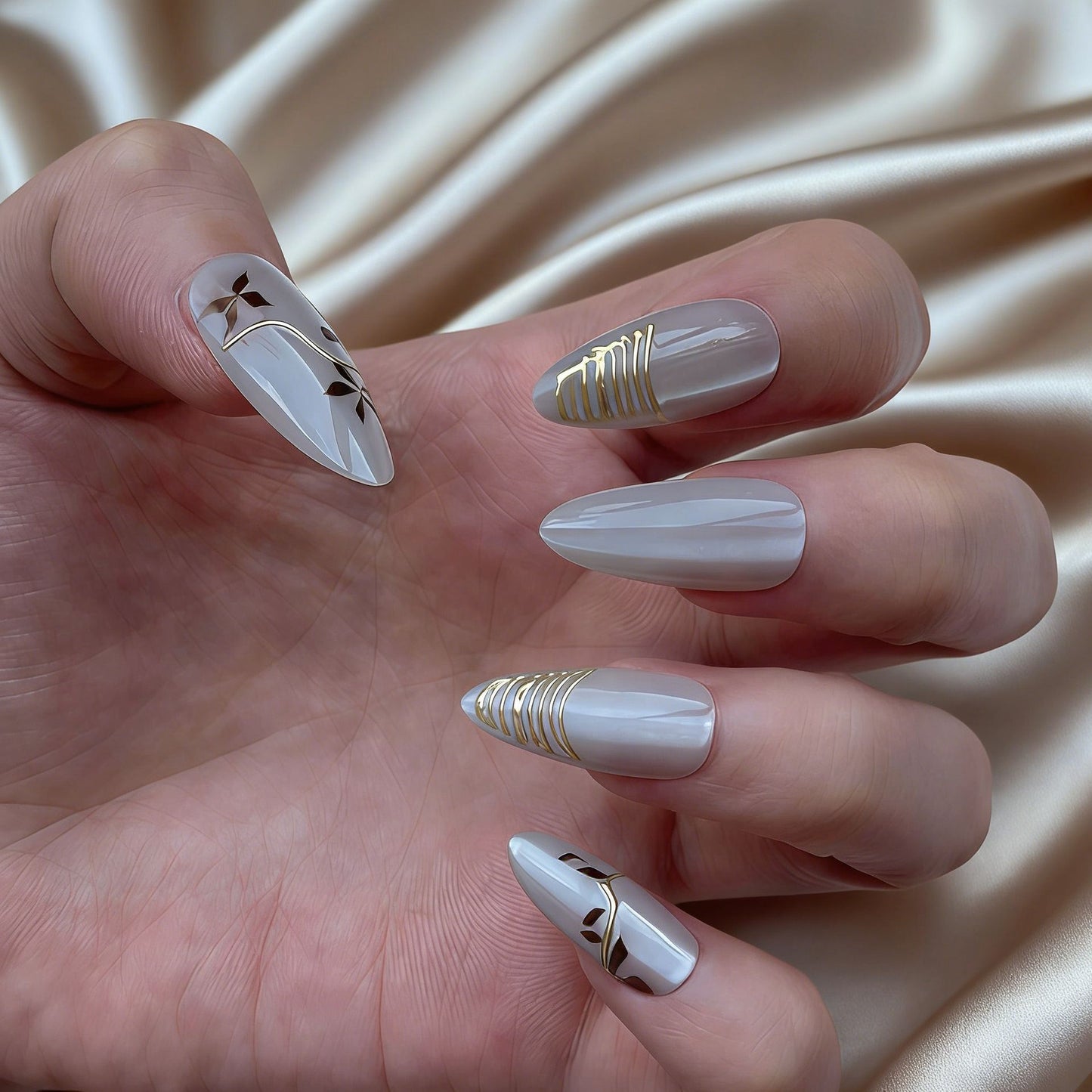 Chic Elegance Long Almond Shaped Creamy White Press On Nail Set with Gold Accent Designs