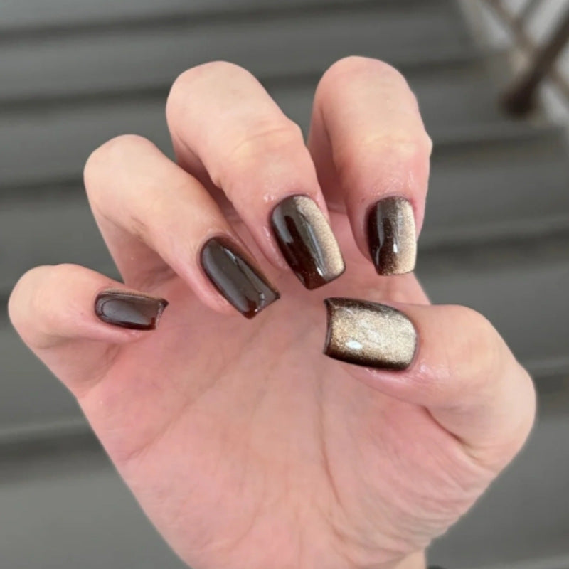 Midnight Shimmer Medium Square Press On Nails in Chocolate Brown with Metallic Accents
