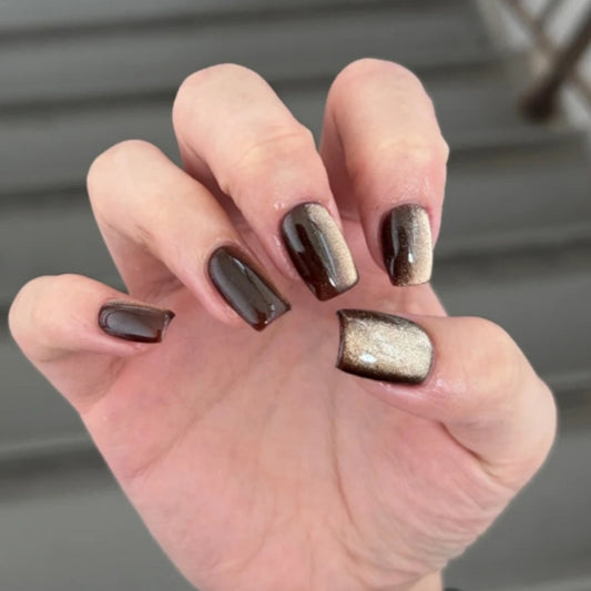 Midnight Shimmer Medium Square Press On Nails in Chocolate Brown with Metallic Accents