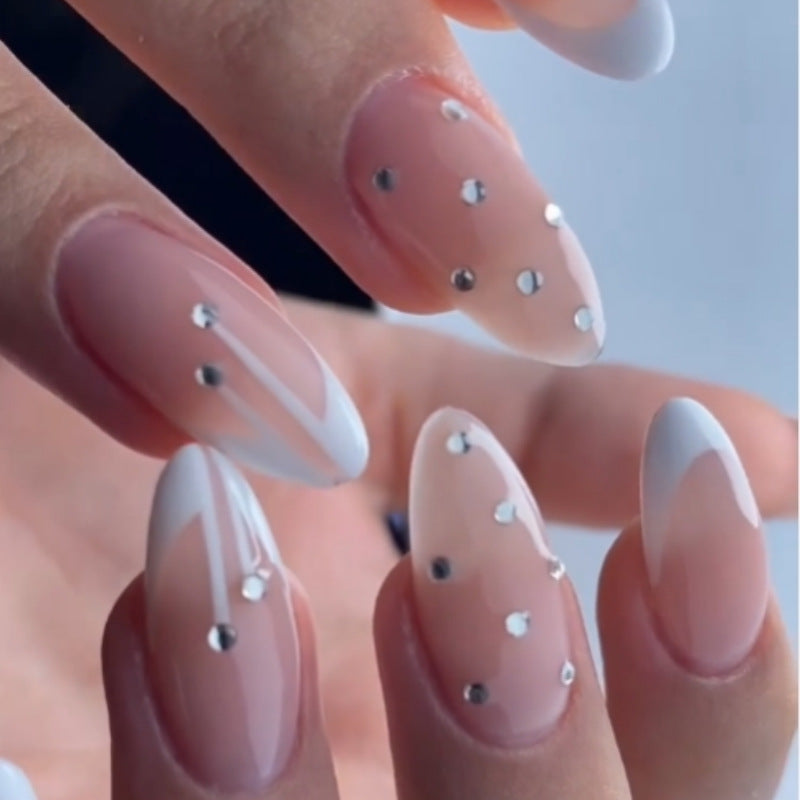 Elegant Serenity Medium Almond Shaped Clear and White Press on Nail Set with Sparkling Silver Accents