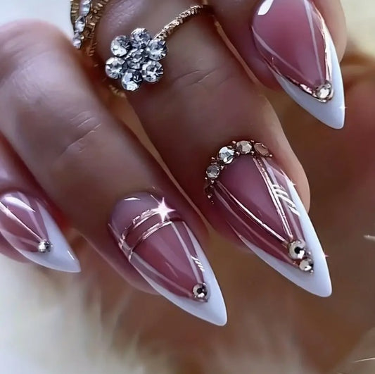 Glamorous Radiance Stylish Press On Nails in Medium Stiletto Shape Soft Pink and Glossy White with Dazzling Gold Accents