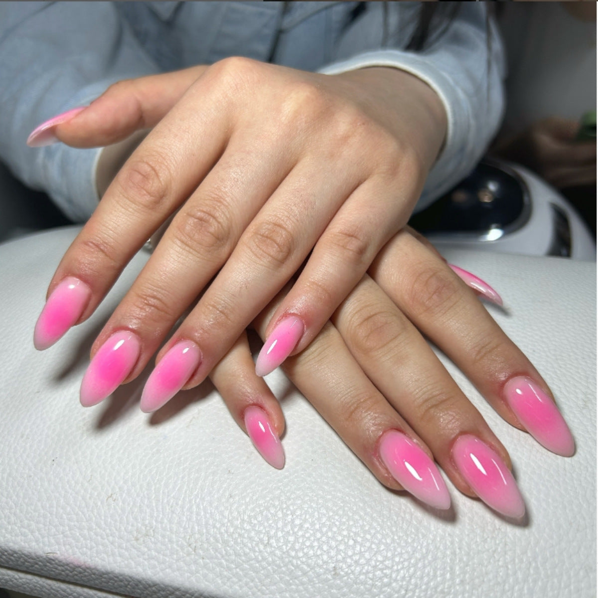 Dreamy Ombre Press-On Nails Long Almond Pink Gradient Glossy Finish