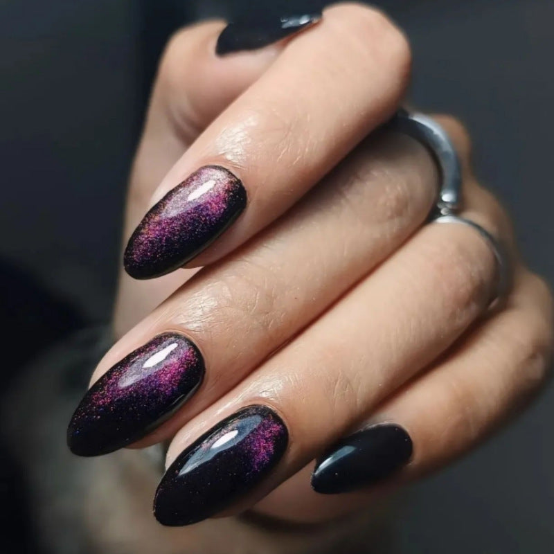 Cosmic Elegance Medium Almond Shaped Black and Purple Ombre Sparkle Press On Nail Set