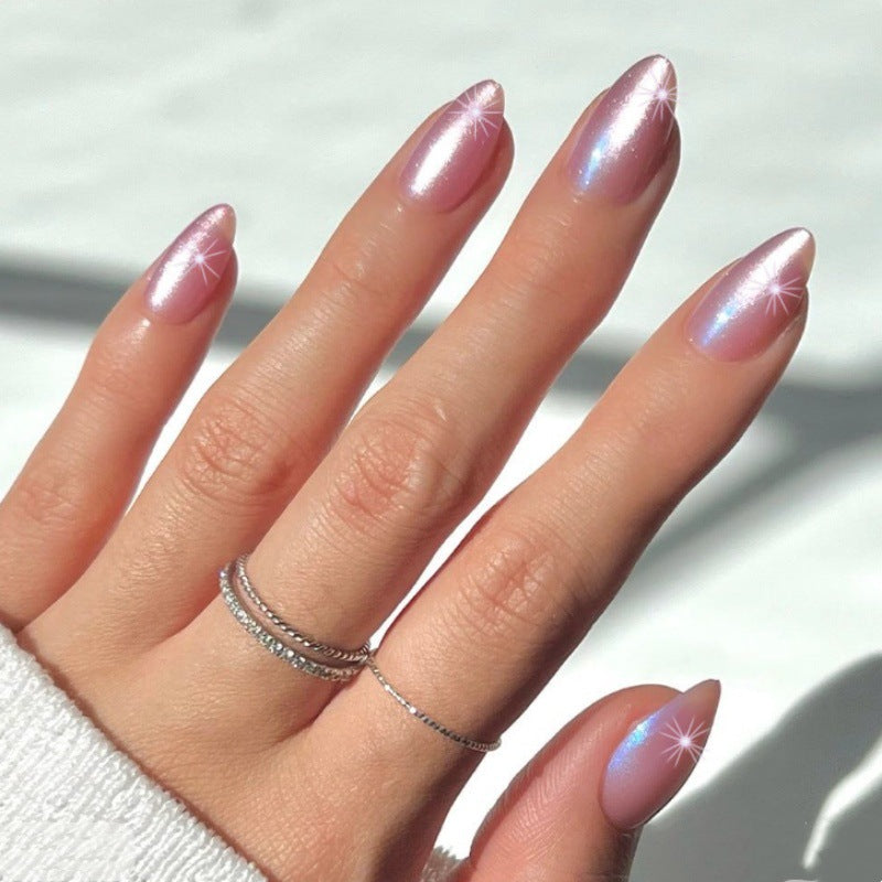 Celestial Charm Long Almond Pink Shimmer Press-On Nail Set with Iridescent Finish