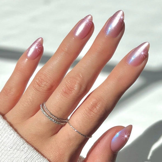 Celestial Charm Long Almond Pink Shimmer Press-On Nail Set with Iridescent Finish
