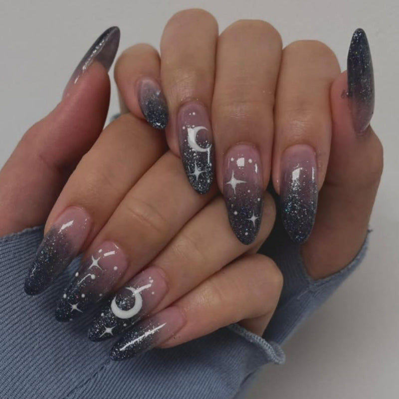Celestial Dreamscape Extra Long Almond Ombre Glitter Black and Silver Nail Set with Moon and Star Accents