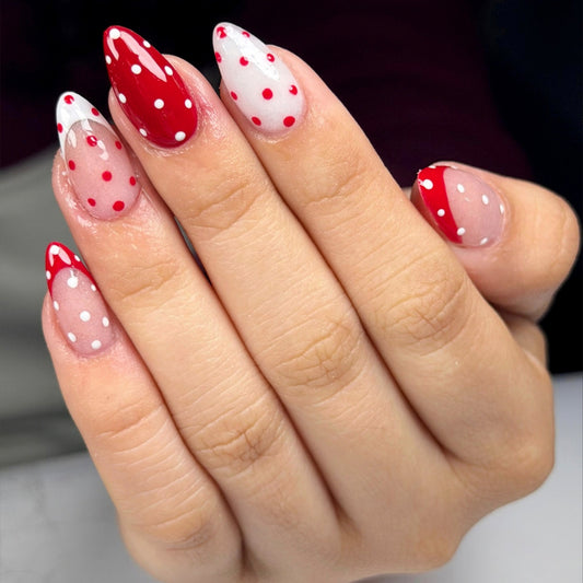 Charming Picnic Inspired Long Almond Shaped Red and White Polka Dot Press On Nail Set