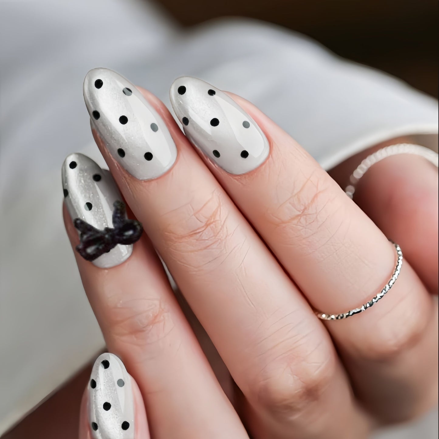 Polka Dot Dream Press on Nails Long Almond Grey with Glamorous Bow Accents