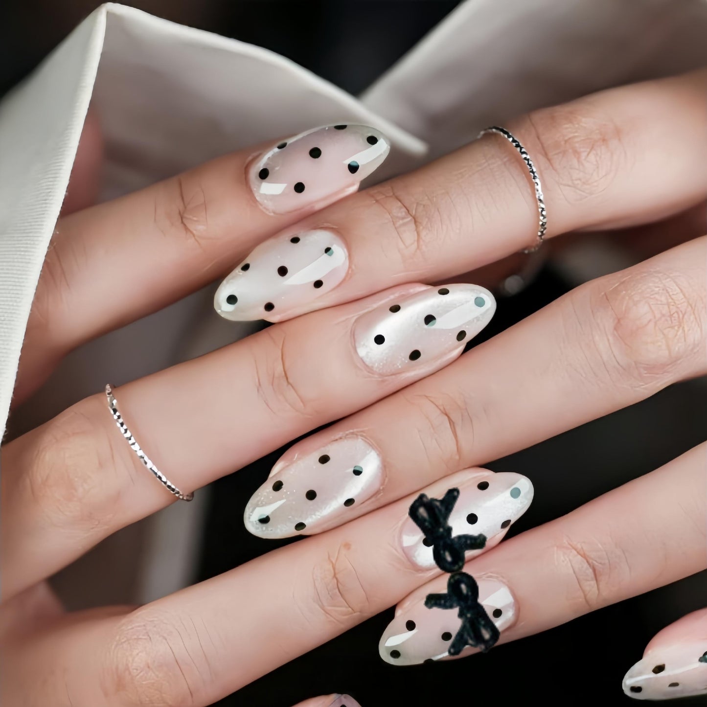 Chic Polka Dot Matte Long Almond Shaped Translucent White with Elegant Bow Press On Nail Set
