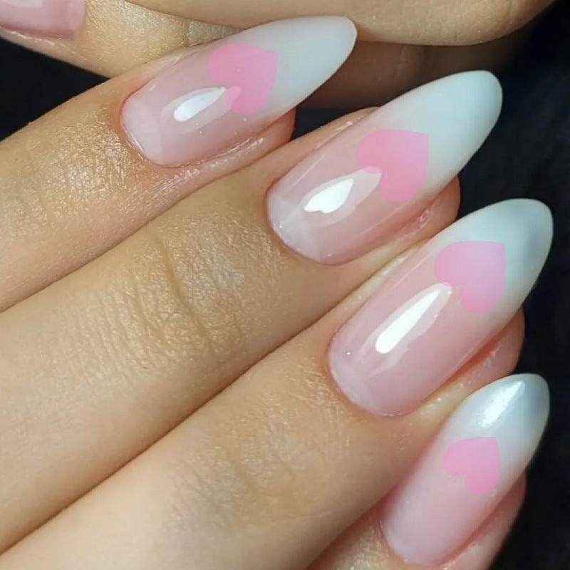 Whimsical Love Heart Long Almond Shape Ombre Pink and White Press On Nail Set with Glossy Finish