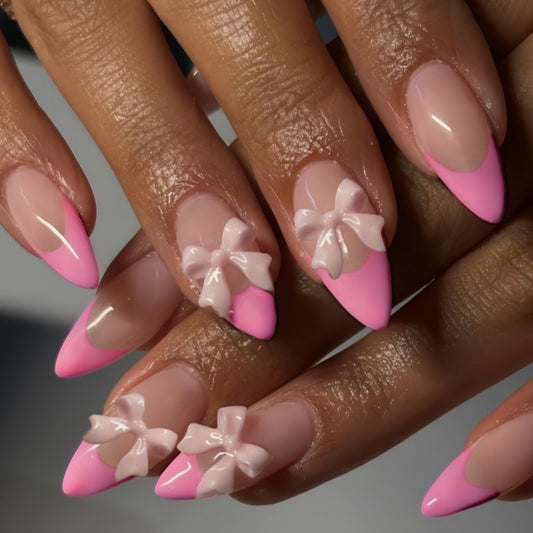 Charming Medium Blossom Pink Almond Press On Nail Set with Cute Bow Detail