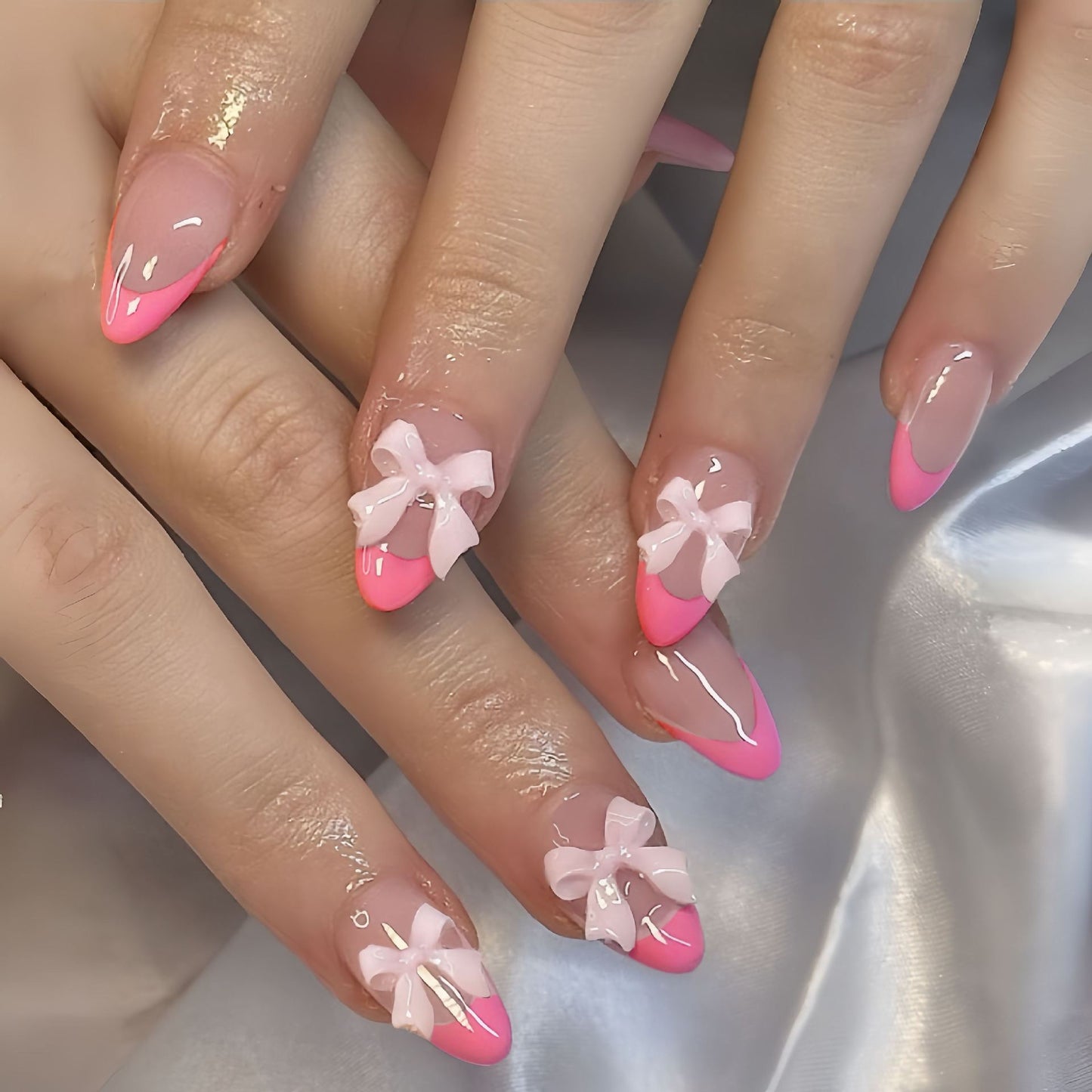 Chic Blossom Magic Long Almond Pink Ombre Press-On Nail Set with Adorable Bow Accents