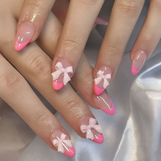 Chic Blossom Magic Long Almond Pink Ombre Press-On Nail Set with Adorable Bow Accents