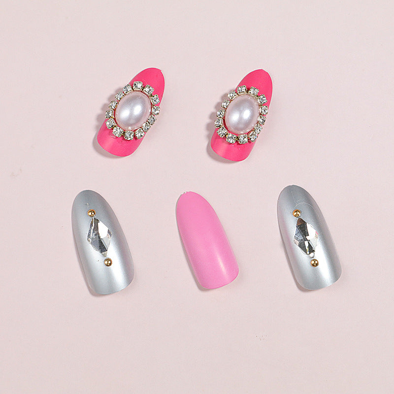 Chic Glamour Vibrant Long Oval Pink and Silver Press on Nail Set with Pearl and Rhinestone Accents