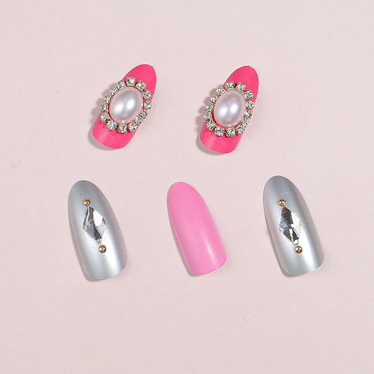 Chic Glamour Vibrant Long Oval Pink and Silver Press on Nail Set with Pearl and Rhinestone Accents