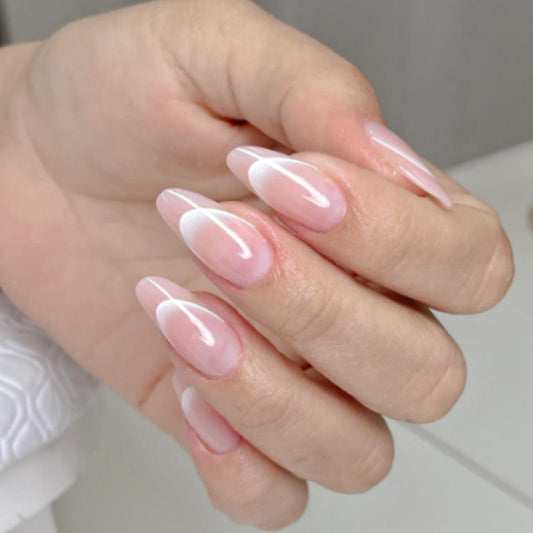 Glamorous Garden Long Almond Pink Ombre Nails with Elegant White Tips