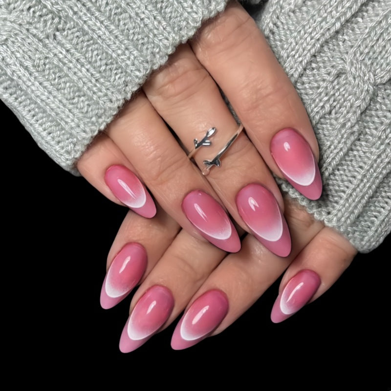 Charming Blossom Long Almond Pink Ombre Press On Nail Set with Elegant French Tips
