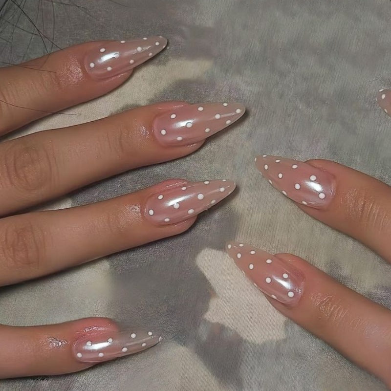 Chic Elegance Long Almond Beige with Whimsical Polka Dots Press On Nail Set