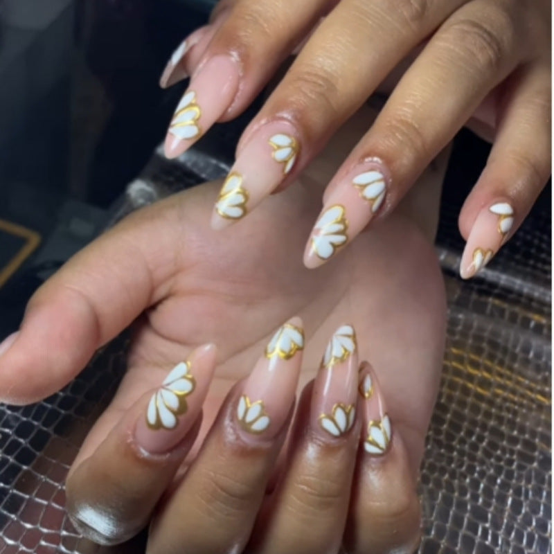 Floral Elegance Medium Almond Shaped Long Beige Press On Nail Set with Gold Accents