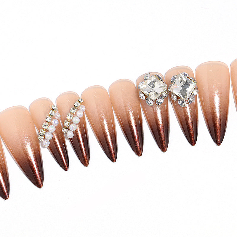 Glamorous Elegance Long Almond Shape Ombre Brown Press On Nails with Stunning Rhinestone Accents
