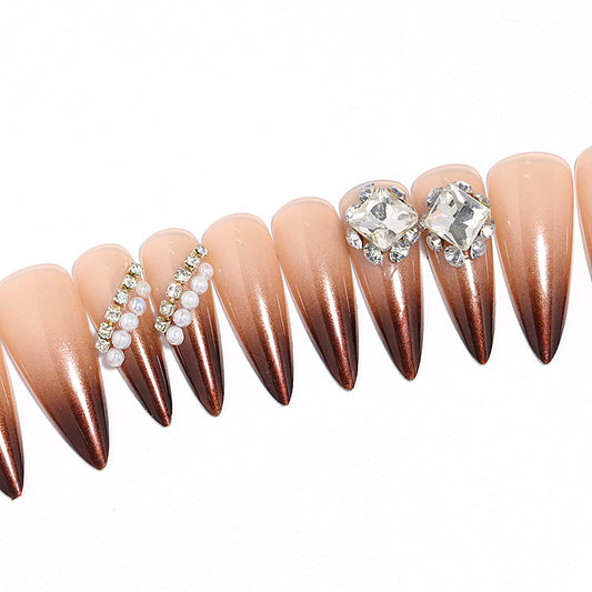 Glamorous Elegance Long Almond Shape Ombre Brown Press On Nails with Stunning Rhinestone Accents