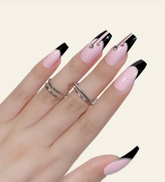 Chic Noir Elegance Long Coffin Gradient Pink and Black Press On Nail Set with Dazzling Rhinestone Accents