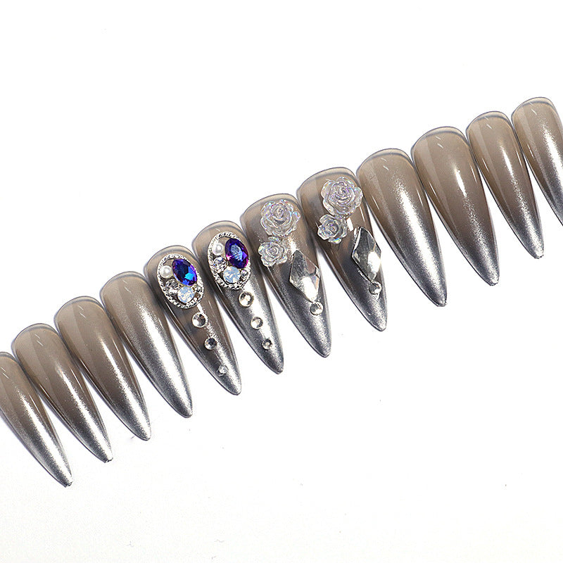 Enchanted Elegance Long Almond Shimmering Beige with Jewel Accents and Floral Embellishments Press On Nail Set