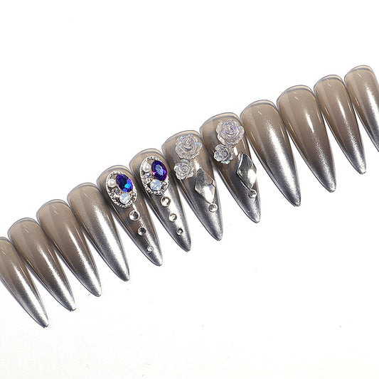 Enchanted Elegance Long Almond Shimmering Beige with Jewel Accents and Floral Embellishments Press On Nail Set