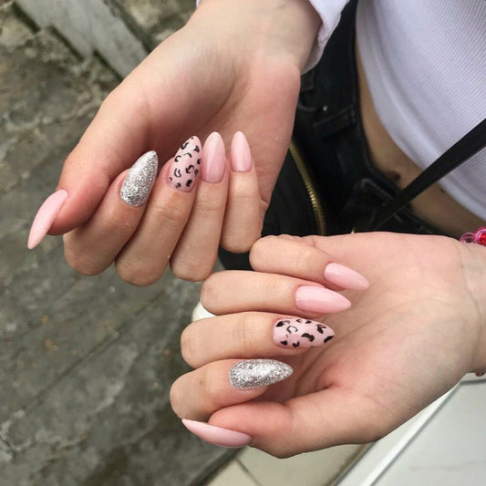 Wild Glamour Medium Almond Pink with Glitter and Animal Print Accent Press-On Nail Set