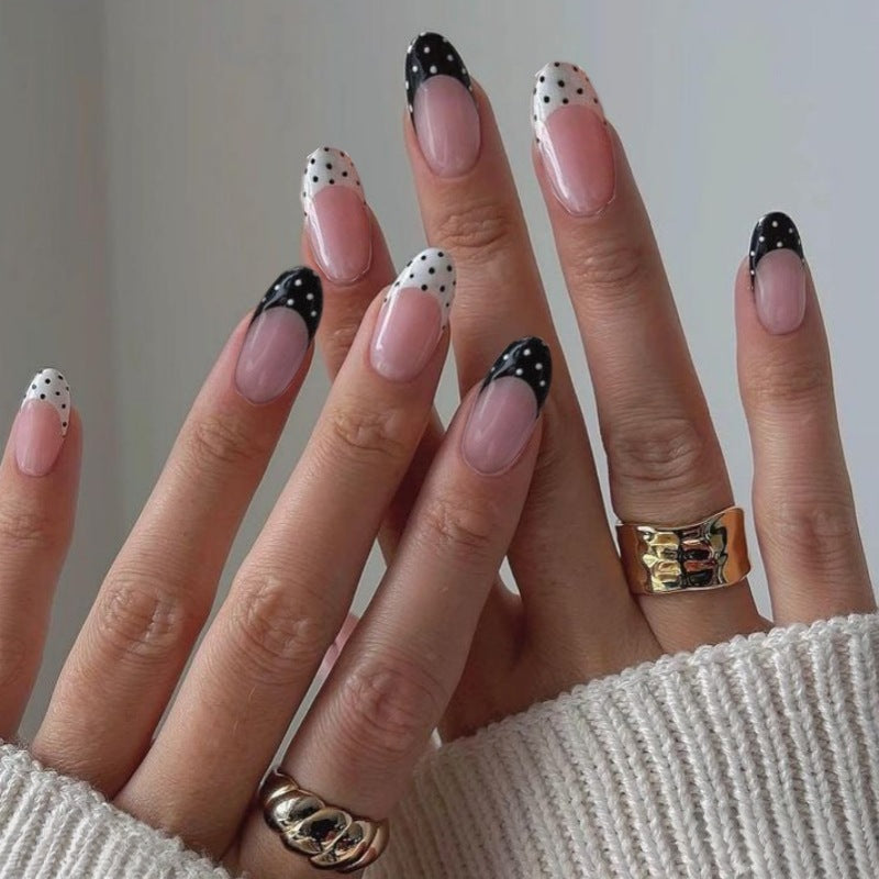 Chic Polka Dot Glamour Long Almond Black and White Artistic Press on Nail Set