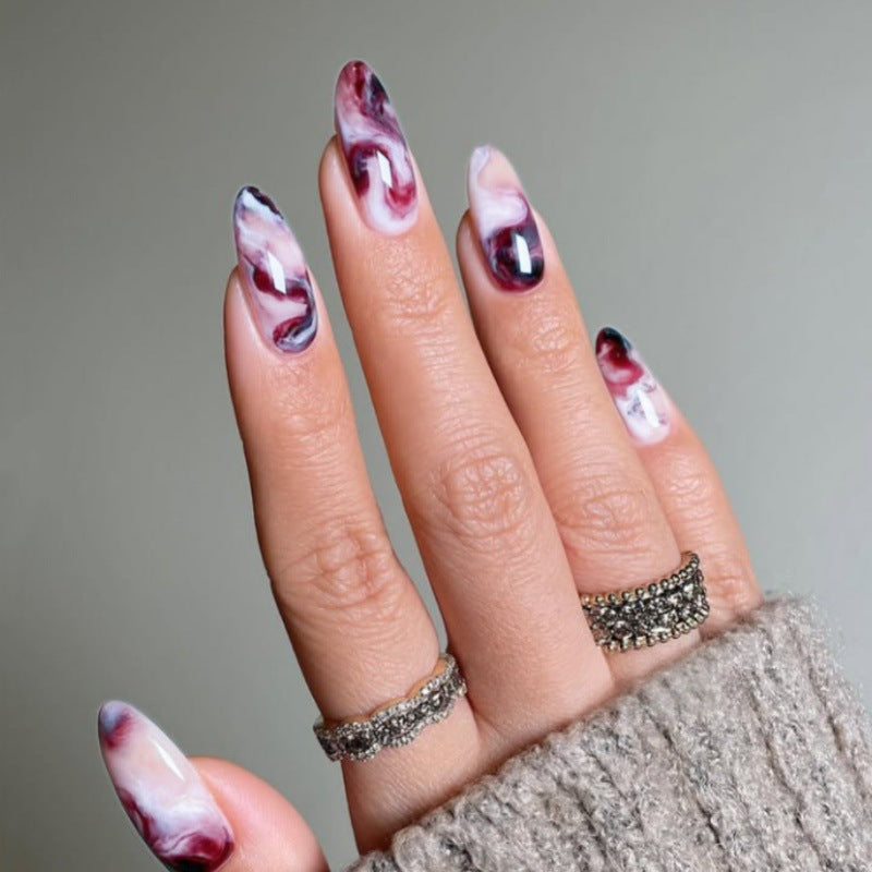 Mystical Marble Long Almond Burgundy and White Swirl Press-On Nail Set with Glossy Finish