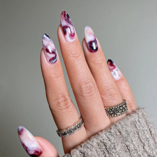 Mystical Marble Long Almond Burgundy and White Swirl Press-On Nail Set with Glossy Finish