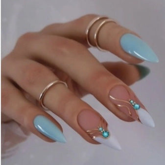 Ocean Breeze Long Stiletto Blue and White Press On Nail Set with Elegant Gem Accents
